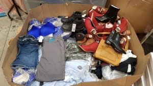 HALF A PALLET OF SHOES, JEANS, BRAS AND HANDBAGS ETC IN VARIOUS STYLES AND SIZES IE TOPSHOP SHOES, MATALAN JEANS AND CITY CHIC BRAS ETC