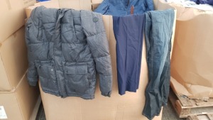 A PALLET OF BURTON MENSWEAR CLOTHING IN VARIOUS STYLES AND SIZES IE JACKETS, BLAZERS, JEANS AND JUMPERS ETC