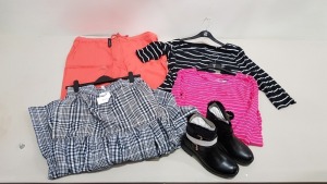 A PALLET OF CLOTHING IN VARIOUS STYLES AND SIZES IE F&F T SHIRTS, DOROTHY PERKINS BOOTS, JD WILLIAMS HOT CORAL SHORTS AND OTHER ITEMS OF CLOTHING