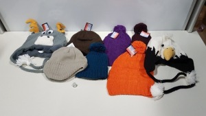 216 X VARIOUS BRAND NEW WINTER CLOTHING ITEMS INCLUDING BRIGHT GREEN, ORANGE AND PINK MITTENS, PENGUIN HATS AND MINI HATS IN VARIOUS COLOURS ETC