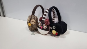 205 X BRAND NEW EAR MUFFS IN VARIOUS STYLES INCLUDING BROWN OWL EAR FUFFS, PENGUIN EAR MUFFS AND PINK OWL EAR MUFFS