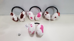 352 X BRAND NEW EAR MUFFS IN WHITE AND COW PRINT