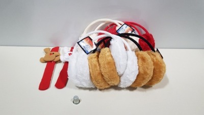 435 X BRAND NEW REINDEER WRIST SNAP BANDS AND 306 X BRAND NEW EAR MUFFS IN WHITE, GOLD AND RED
