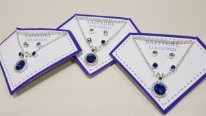 136 X BRAND NEW AVON NADYA 3 PIECE BIRTHSTONE GIFTSET - SAPPHIRE COLOURED 1 X NECKLACE AND 2 X PAIRS OF EARRINGS