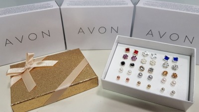 APPROX 132 X AVON CASSARA EARRING GIFTSET- 15 X PAIRS OF EARRINGS IE RUBYCOLOUR , SAPPHIRE COLOUR AND PEARL COLOUR ETC