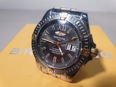 BREITLING COCKPIT MEN’S WATCH REF: B49350, FEATURING 41MM STEEL CASE, STEEL & GOLD BEZEL, GOLD ROMAN NUMERAL & STICK BATON DIAL, EXTRA LARGE DATE WINDOW TO 3 O’CLOCK WITH AUTOMATIC MOVEMENT. STEEL & GOLD BRACELET WITH CLASP FASTENER WITH BREITLING BOX