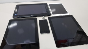 5 PIECE ELECTRONICS LOT CONTAINING 16GB IPAD, IPAD 4TH GEN, 10" ACER TABLET, IPAD MINI AND AN IPHONE ALL FOR SPARES