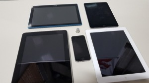 5 PIECE ELECTRONICS LOT CONTAINING 32GB IPAD, 16GB IPAD, LENOVO TABLET, IPAD MINI AND AN IPHONE ALL FOR SPARES