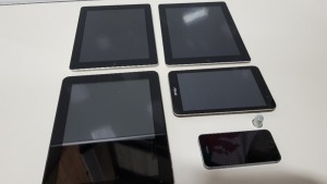 5 PIECE ELECTRONICS LOT CONTAINING 2 X 16GB IPADS, YARVIK TABLET, ASUS TABLET AND AN IPHONE ALL FOR SPARES