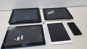 5 PIECE ELECTRONICS LOT CONTAINING 64GB IPAD, 16GB IPAD, LENOVO TABLET, IPAD MINI AND AN IPHONE ALL FOR SPARES