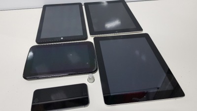 5 PIECE ELECTRONICS LOT CONTAINING 32GB IPAD, 16GB IPAD, 64GB 10" TABLET, HUBL TABLET AND AN IPHONE ALL FOR SPARES