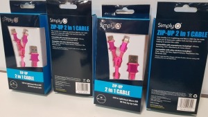 200 X BRAND NEW PINK SIMPLY 1M ZIP UP 2 IN 1 CABLE USB TO LIGHTNING & MICRO USB