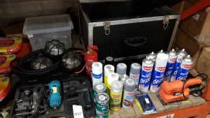 30 + PIECE TOOL LOT CONTAINING, VARIOUS CAR PLAN SPRAY PAINTS, DE ICERS, BRUSH ON PAINT AND COPPER SPRAY GREASE, LIGHTS, ROTARY CUTTING TOOL, LARGE TOOL BOX AND CABLE TIES ETC