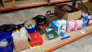 30 + PIECE MIXED CLEANING AND FOOD LOT CONTAINING A HENRY HOOVER, VARIOUS MOPS AND BUCKETS,VARIOUS FOODS SUCH AS NOODLES, SOUPS AND RICE, VARIOUS 5L SOAPS, WHITE NITRILE GLOVES AND A FIRE BLANKET AND A BURNS KIT