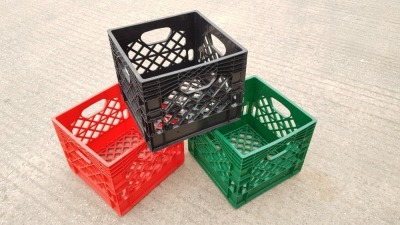 60 X PLASTIC CRATES IN VARIOUS COLOURS (3300 X 3300MM) (270M DEEP)