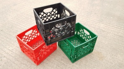 60 X PLASTIC CRATES IN VARIOUS COLOURS (3300 X 3300MM) (270M DEEP)
