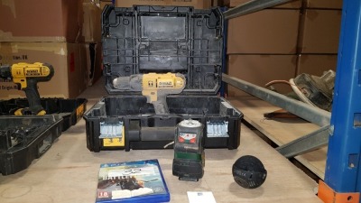1 X DEWALT18V XR LI-ON HAMMER DRILL WITH A CASE, BOSCH LASER PLL 360, PLAYSTATION 4 GAME AND A DOJI SPEAKER
