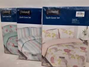 25 X BRAND NEW COLOROLL QUILT COVER SETS IN VARIOUS DESIGNS IE; WHITE WITH FLOWER PRINT, PURPLE WITH FLOWER PRINT, BROWN AND BEIGE STRIPPED, PINK BLUE AND WHITE STRIPPED - ALL SIZE SINGLE ALL INCLUDE 1 PILLOWCASE