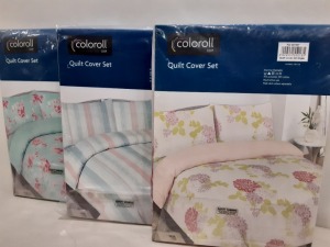 25 X BRAND NEW COLOROLL QUILT COVER SETS IN VARIOUS DESIGNS IE; WHITE WITH FLOWER PRINT, PURPLE WITH FLOWER PRINT, BROWN AND BEIGE STRIPPED, PINK BLUE AND WHITE STRIPPED - ALL SIZE SINGLE ALL INCLUDE 1 PILLOWCASE