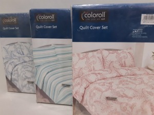 25 X BRAND NEW COLOROLL QUILT COVER SETS IN VARIOUS DESIGNS IE; BLUE FLORAL, PINK FLORAL, PINK AND BLUE STRIPPED AND BROWN AND CREAM STRIPPED BEDDING SETS - ALL SIZE DOUBLE ALL INCLUDE 2 PILLOWCASE