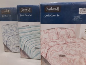 25 X BRAND NEW COLOROLL QUILT COVER SETS IN VARIOUS DESIGNS IE; BLUE FLORAL, PINK FLORAL, PINK AND BLUE STRIPPED AND BROWN AND CREAM STRIPPED BEDDING SETS - ALL SIZE DOUBLE ALL INCLUDE 2 PILLOWCASE