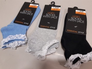 432 X BRAND NEW LADIES ESSENTIAL LACE STYLED SOCKS IN BLUE, BLACK AND GREY - IN VARIOUS SIZES