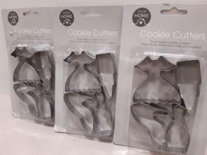 432 X BRAND NEW COOKIE CUTTERS IN VARIOUS STYLES I.E DRESS, SHOE, PURFUME AND LIPSTICK ETC IN 12 BOXES