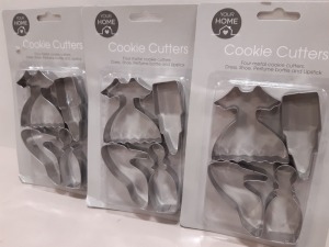 432 X BRAND NEW COOKIE CUTTERS IN VARIOUS STYLES I.E DRESS, SHOE, PURFUME AND LIPSTICK ETC IN 12 BOXES