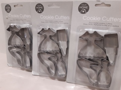 432 X BRAND NEW COOKIE CUTTERS IN VARIOUS STYLES I.E DRESS, SHOE, PURFUME AND LIPSTICK ETC IN 12 BOXES