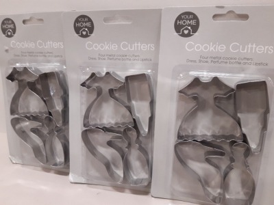 432 X BRAND NEW COOKIE CUTTERS IN VARIOUS STYLES I.E DRESS, SHOE, PURFUME AND LIPSTICK ETC IN 12 BOXES