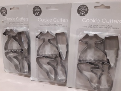 432 X BRAND NEW COOKIE CUTTERS IN VARIOUS STYLES I.E DRESS, SHOE, PURFUME AND LIPSTICK ETC IN 12 BOXES