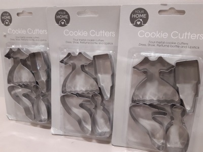 432 X BRAND NEW COOKIE CUTTERS IN VARIOUS STYLES I.E DRESS, SHOE, PURFUME AND LIPSTICK ETC IN 12 BOXES