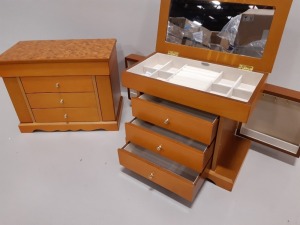 10 X BRAND NEW MELE & CO WOODEN JEWELLERY BOXES WITH MULTI STORAGE (3 DRAWER 2 X SIDE STORAGE AND ONE HINGED LID WITH MIRROR) - IN 5 BOXES
