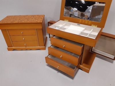 10 X BRAND NEW MELE & CO WOODEN JEWELLERY BOXES WITH MULTI STORAGE (3 DRAWER 2 X SIDE STORAGE AND ONE HINGED LID WITH MIRROR) - IN 5 BOXES