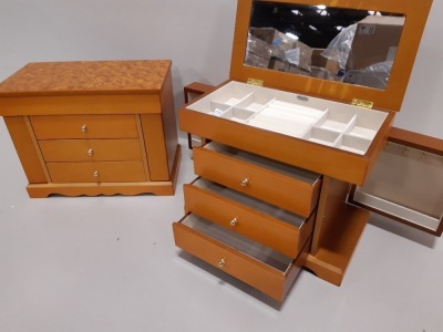 10 X BRAND NEW MELE & CO WOODEN JEWELLERY BOXES WITH MULTI STORAGE (3 DRAWER 2 X SIDE STORAGE AND ONE HINGED LID WITH MIRROR) - IN 5 BOXES