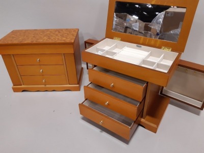10 X BRAND NEW MELE & CO WOODEN JEWELLERY BOXES WITH MULTI STORAGE (3 DRAWER 2 X SIDE STORAGE AND ONE HINGED LID WITH MIRROR) - IN 5 BOXES