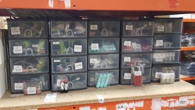 APPROX 400 X BRAND NEW ASSORTED COSMETIC ITEMS IN 5 X 4 DRAWER STORAGE UNITS IE, LIPSTICK, EYE LINER, EYE SHADOW, NAIL VARNISH ETC.