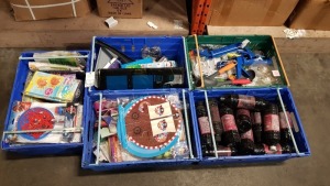 5 TRAYS CONTAINING VARIOUS ACCESSORIES IE INDOOR LAMP OIL, METAL CAULKING GUNS, VARIOUS KIDS GAMES AND PRODUCTS AND A CORDLESS TRIMMER AND CLIPPER ETC