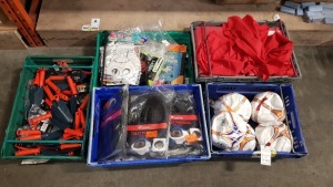 5 TRAYS CONTAINING VARIOUS ACCESSORIES IE TABLE STRIMMERS, VARIOUS FOOTBALLS, A FITNESS BAND, TOILET PANSEAL WITH PUMP AND VARIOUS KIDS GAMES AND PRODUCTS ETC