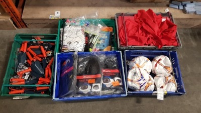 5 TRAYS CONTAINING VARIOUS ACCESSORIES IE TABLE STRIMMERS, VARIOUS FOOTBALLS, A FITNESS BAND, TOILET PANSEAL WITH PUMP AND VARIOUS KIDS GAMES AND PRODUCTS ETC