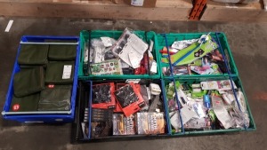 5 TRAYS CONTAINING VARIOUS ACCESSORIES IE BARBEQUE AND CHIMNEA LIGHTING GEL, BRITISH RAILWAY JOURNEY SETS, LIGHT SWITCHES AND VARIOUS KIDS PRODUCTS SUCH AS DOUBLE WINDMILL SPINNER AND DISNEY CARS PENS ETC