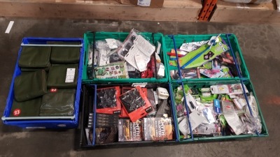 5 TRAYS CONTAINING VARIOUS ACCESSORIES IE BARBEQUE AND CHIMNEA LIGHTING GEL, BRITISH RAILWAY JOURNEY SETS, LIGHT SWITCHES AND VARIOUS KIDS PRODUCTS SUCH AS DOUBLE WINDMILL SPINNER AND DISNEY CARS PENS ETC