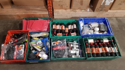 7 FULL TRAYS CONTAINING VARIOUS ACCESSORIES IE CANDLE HOLDERS, CUSHIONED DOOR STOPPERS, KITCHEN UTENSILS, GARDEN EQIPMENTS, VARIOUS GREEN BAGS, BARBEQUE AND CHIMNEA LIGHTINHG GEL AND DOOR HANDLES ETC