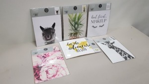 1152 X BRAND NEW A3 POSTERS IN VARIOUS DESIGNS IE BUT FIRST MAKEUP, FLOWER POSTER, STAY WILD, XOXO, LET THE ADVENTURE BEGIN, GIRAFFE AND A PINEAPPLE POSTER IN 32 BOXES