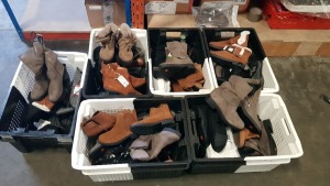 6 TRAYS OF SHOES IN VARIOUS COLOURS, STYLES AND SIZES IE BROWN BOOTS, BLACK BOOTS, GREY BOOTS (SOME BOOTS HAVE FUR ON)