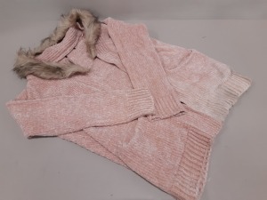 PALLET CONTAINING PINK KNIT LADIES CARDIGANS WITH DETACHABLE FAUX FUR COLLAR - PLEASE NOTE SOME CARDIGANS HAVE DUST ON