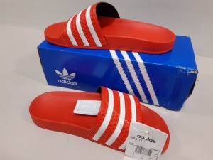 6 X BRAND NEW RED ADIDAS 3 STRIPPED SLIDERS SIZE UK 7 - BOXED BUT BOXES ARE SLIGHLY DAMAGED