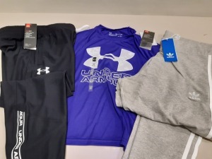 12 PIECE MIXED LOT CONTAINING ADIDAS RED ENERGY TOPS, UNDER ARMOUR DRI-FIT GYM TEE, UA BOYS TSHIRTS AND GIRLS ADIDAS SOCKS AND PANTS