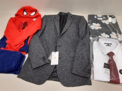 FULL PALLET OF CLOTHING CONTAINING VILA BLACK VILORAN DRESSES, SPIDERMAN PYJAMAS, PEACOCK SLIM FIT SHIRTS WITH TIES, CAPSULE BLACK SHORTS AND FARAH BLAZER JACKETS ETC..
