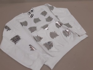 10 X BRAND NEW TOPSHOP UNIQUE WHITE JUMPERS WITH MIRRORED FLOWER DESIGN SIZE SMALL - RRP £60.00